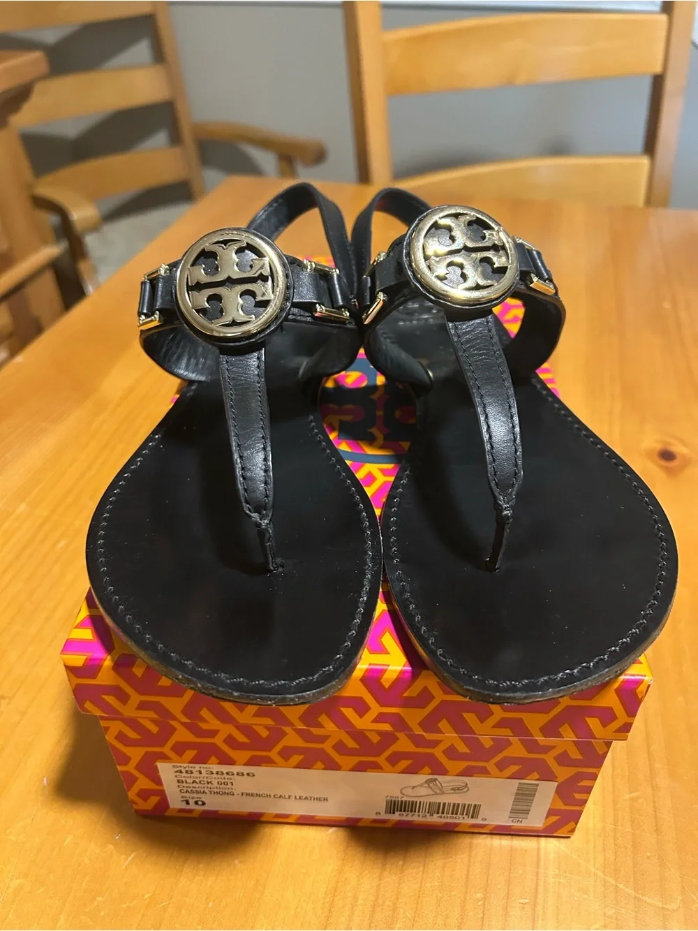 Tory Burch Black Leather Thong Sandals with Gold Logo